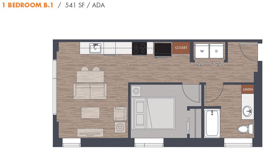 Floor plan for 1 bed, 1 bath, 541 sqft